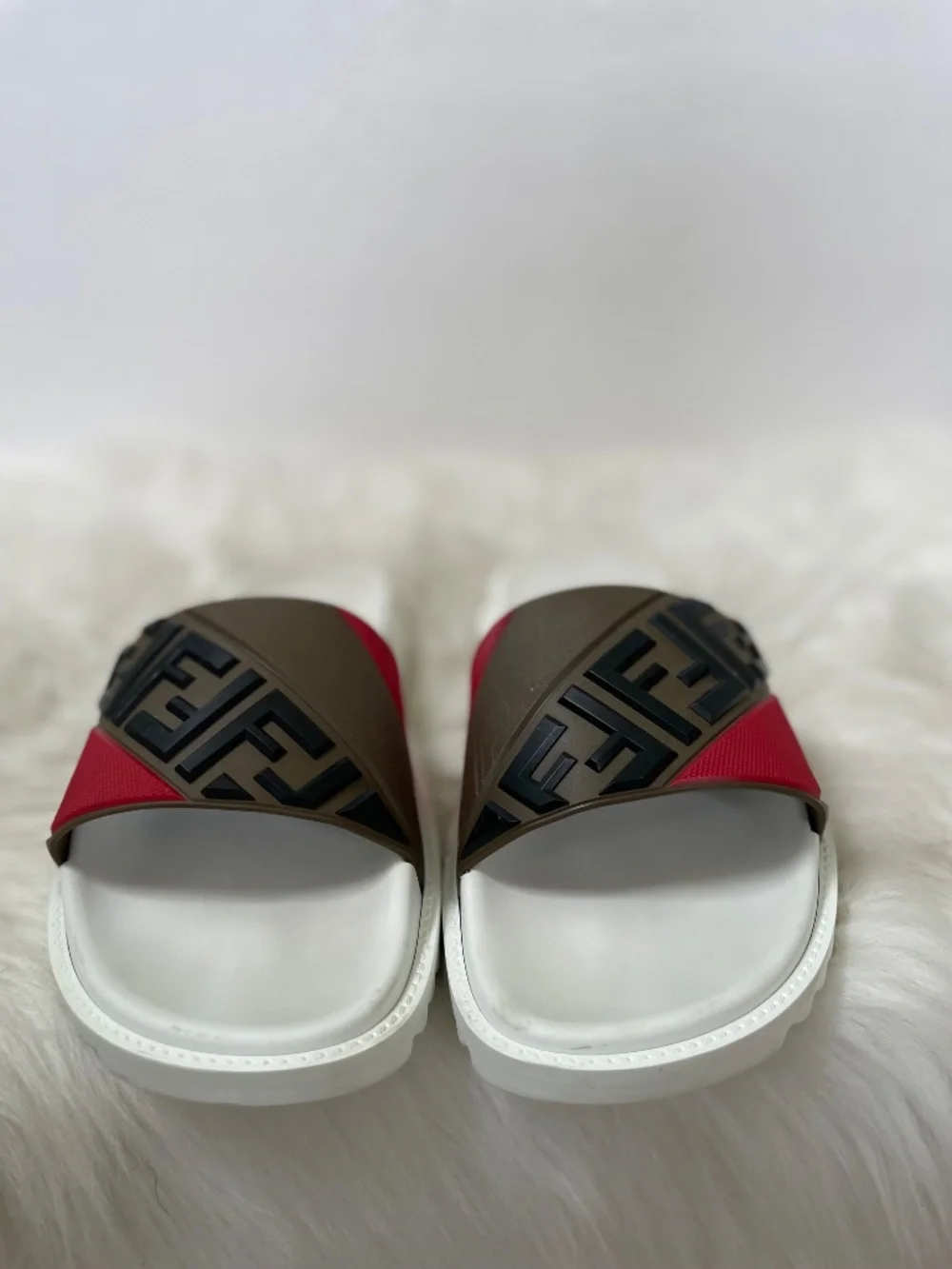 Fendi Authentic Roma Men's Red Brown White Slide Sandals Size 7